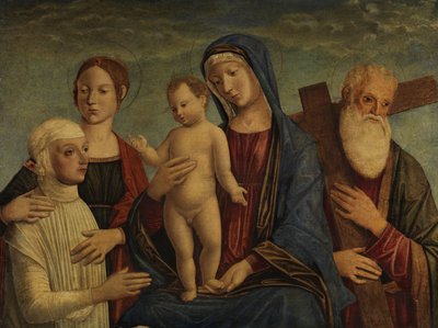 Madonna met kind, twee heiligen en een stichterfiguur door Manner of Jacopo Bellini